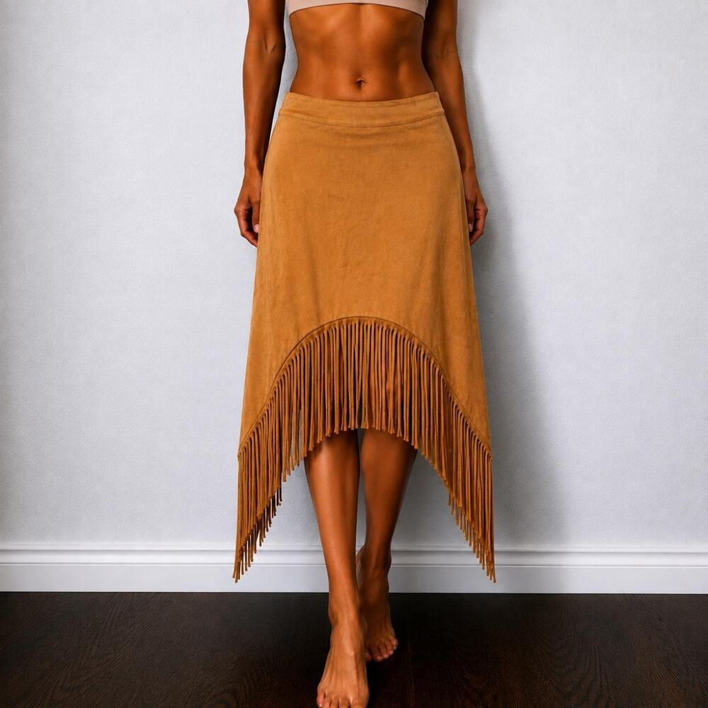 Vintage 70s Style Vegan Suede Western Boho Fringe Asymmetrical Midi Skirt Sz M